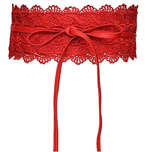 Women's Lace Belt Bow Tie Wrap Around Obi Waist Band Cincher Boho Soft PU Faux Leather For Dresses (Red)