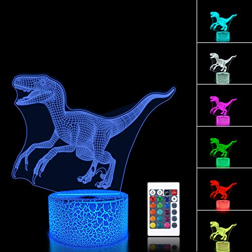 3D Night Light Jurassic Dinosaur Velociraptor Raptor LED Nightlight Baby Nursery Lamp for Kids' Room Xmas Birthday Gifts with Remote Control 16 Color Changing