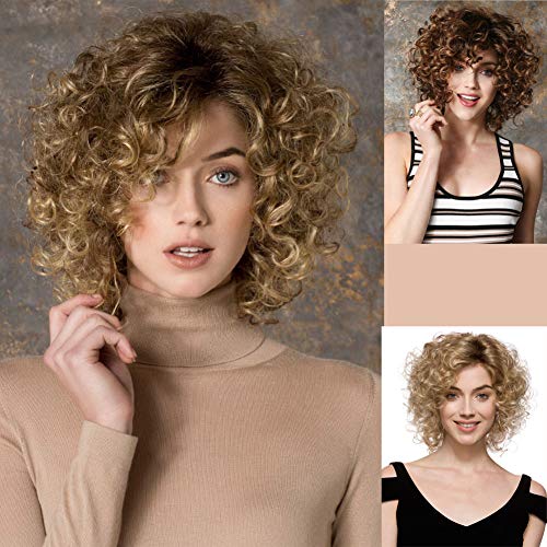 GNIMEGIL Three Color Short Curly Wigs for Black Women Synthetic Hair Brown Ombre to Blonde Afro Kinky Curly Wig Hairstyle Look Same with Human Hair Cosplay Costume Party Wig