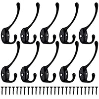 Heavy Duty Dual Coat Hooks 10 Pack Wall Mounted Hooks Metal Hooks Dual Robe Hook Rustic Hooks Retro Double Hooks Coat Hanger and Screws for Coat/Backpack/Bag/Towel/Key/Cap