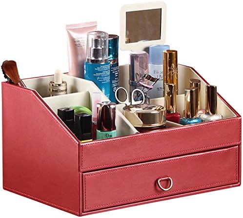 Medium Makeup and Cosmetic Organizer Case for Cosmetics, Brushes, Jewelry and more. Contains A Top Tray, And Drawers For Optimal Storage. Comes with BONUS Mirror. For Home, Countertop or Travel. Red.