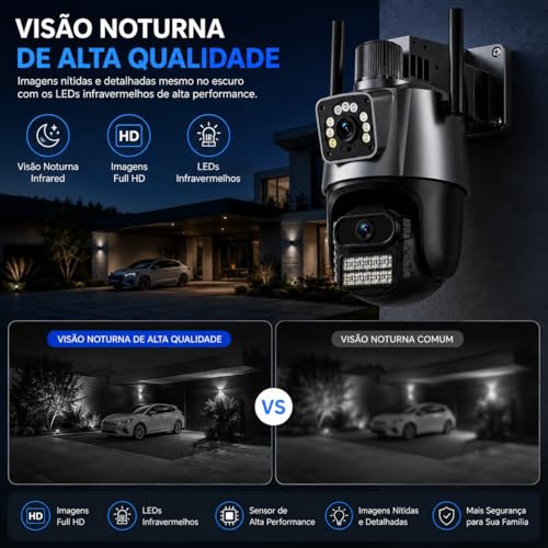 Câmera de Segurança Externa Dupla Wi-Fi 6MP com Duas Lentes, Visão Noturna, Sirene, Detecção de Movimento, Áudio Bidirecional, Rotação 355°/90° e Proteção IP66