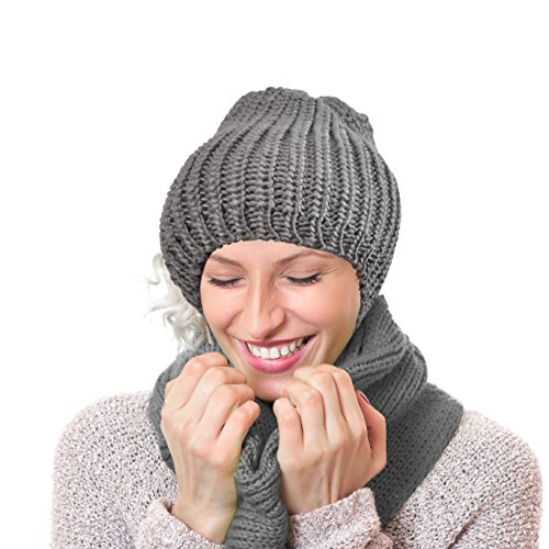 HUE21 Women's Chunky Knit Infinity Scarf and Beanie Hat Set Grey Color
