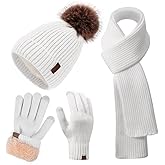 Winter Beanie Hat Scarf Gloves Set for Women, Classic Beanie with Removable Pom Pom Long Scarf Touchscreen Gloves 3 in 1 Set