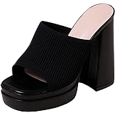 Women's Stretch Knitted Platform Chunky Heels Sexy Sandals Fashion Square Open Toe Block High Heeled Slip-On Y2K Slippers Summer Comfortable Slip On Party Dress Pump Mules Shoes