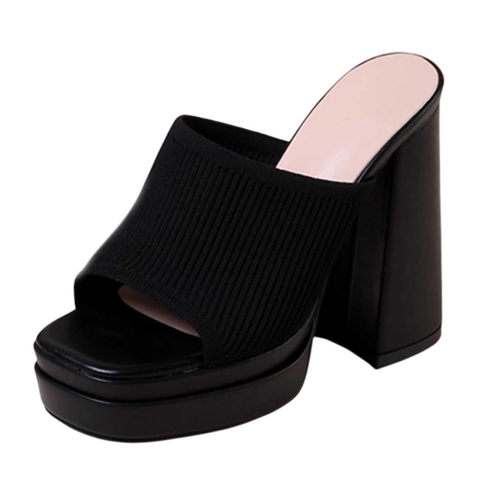 Photo 1 of MISSING SHOE ----------------BOTRENT Women's Stretch Knitted Platform Chunky Heels Sexy Sandals Fashion Square Open Toe Block High Heeled Slip-On Y2K Slippers Summer Comfortable Slip On Party Dress Pump Mules Shoes (Black,5)