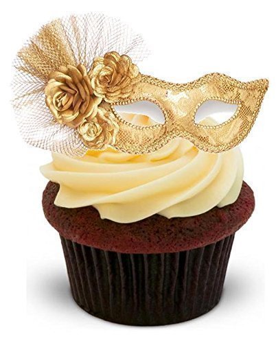 Baking Bling Masquerade Ball Mask Gold with Flowers and net - Standups 12 Edible Standup Premium Wafer Cake Toppers - 2 x A5 Sheet - 12 Images - Thumbnail 2