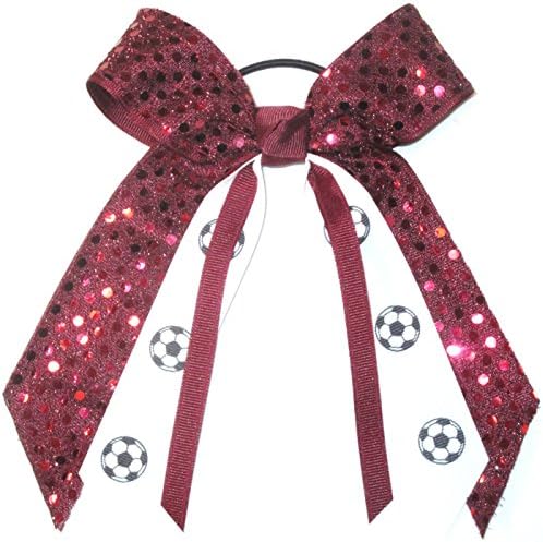 Soccer Soft Touch Sequin Hair Bow, Made in the USA, Avail in Many Colors, Black Pony Band, (Maroon)