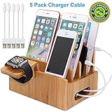 Pezin & Hulin Bamboo Charging Stations for Multiple Devices, Desk Docking Station Organizer for Cell Phones, Tablet, Watch Stand (Includes 5 Cables BUT NO Power Supply Charger)