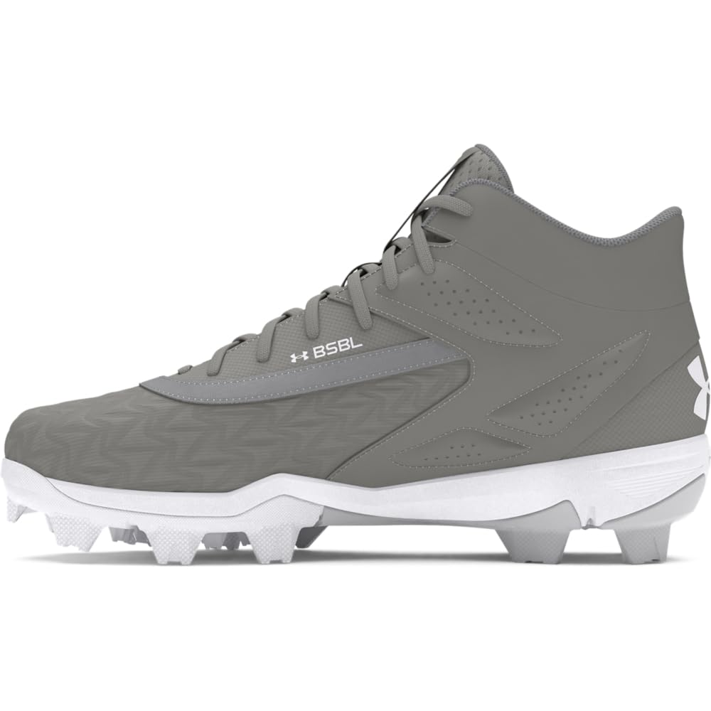 Photo 1 of Under Armour Boys' Leadoff Mid RM JR 3.0 Baseball Cleats, (100) Baseball Gray/Baseball Gray/White, 3, US