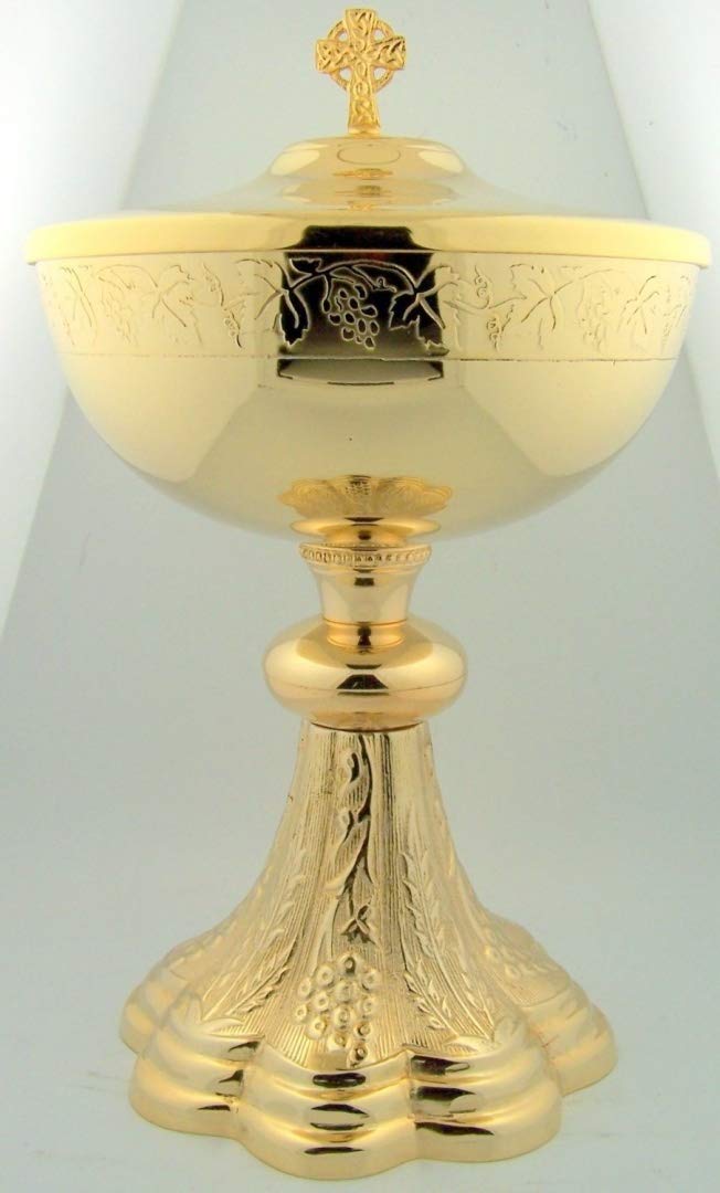 Religious Gifts Grape & Wheat Church Chapel Gold Gild Priest Host Bread Bowl Ciborium Ciboria 5.75 x 9.12 Inches, Brass Construction, Gold, Nature, 2.5L, Round, Religious Formal, Dishware Bowl