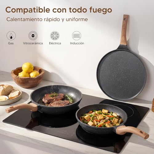 OSLIFE Juego de Sartenes Antiadherentes Granito, 3 Piezas: Sartén Pequeño 21 cm, Sartén Grande 25 cm y Sartén para Crepas 30 cm, Saludable, Apto para Gas, Inducción y Eléctrica, crepera，Libre de PFOA