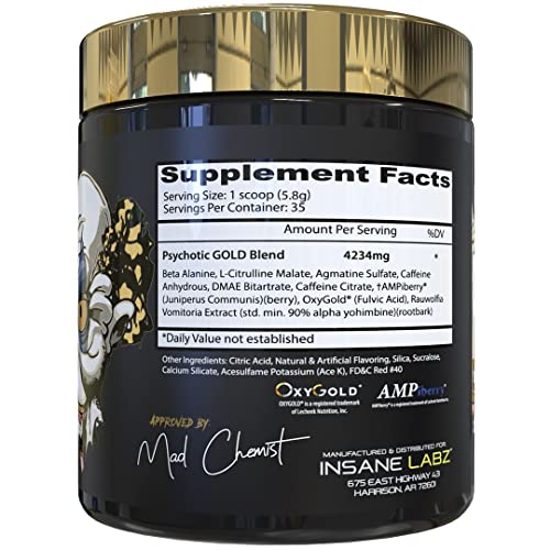 Insane Labz Psychotic Gold, High Stimulant Pre Workout Powder, Extreme Lasting Energy Focus, Pumps and Endurance with Beta Alanine, DMAE Bitartrate, NO Booster (35 Servings, Gummy Candy)