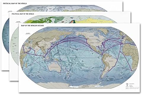 SET of THREE World Maps - Oceans, Political &amp; Physical - each measure 24" high x 42" wide (610mm high x 1067mm wide)