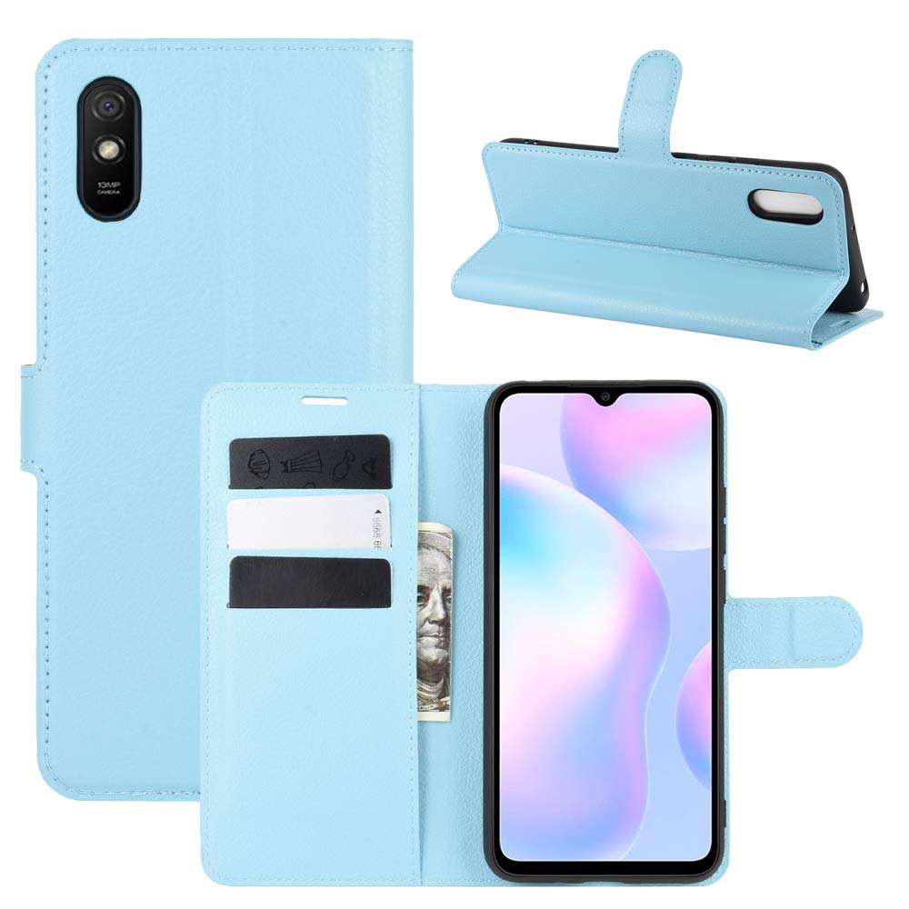 ROVLAK Case for Xiaomi Redmi 9A Wallet Flip Cover with Card Slot Shockproof Lichee Pattern PU Leather Case+Inner TPU Silicone Case with Kickstand Cover for Xiaomi Redmi 9A Smartphone,Blue