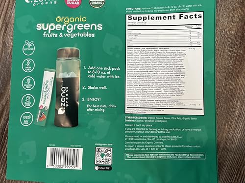 Zena Nutrition Organic Super Greens Powder, 70+ Superfoods, 0 Sugar, 3G Fiber, Spirulina, Chlorella, Antioxidants, Prebiotics/Probiotics, Digestive Enzymes, Mixed Berry, 30 Drink Mix Packets
