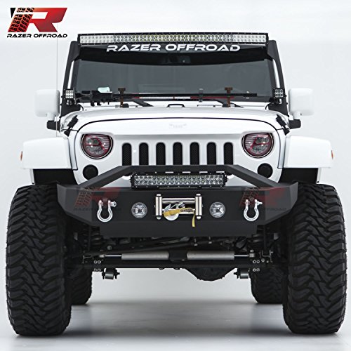 Razer Auto Black Textured Rock Crawler Stubby Front Bumper with OE Fog Light Hole, 2x D-Ring and Built-In 22" LED Light bar mount & Winch Mount Plate (Black) for 07-18 Jeep Wrangler JK - Thumbnail 4