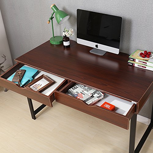 Dland Home Office Computer Desk with 2 Drawers 858-W, Composite Wood Board with Metal Frame, Walnut Black Leg, 47" Medium Size, 1 Pack