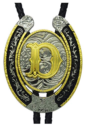 Moranse Upgrate Bolo Tie Golden Initial Letter A to Z In Western Cowboy Horseshoe Style with Cowhide Rope Necktie(D) - Thumbnail 3