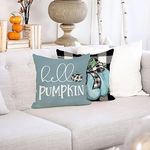 CROWNED BEAUTY Fall Outdoor Decorative Throw Pillow Covers 18 x 18 Inch Set of 4, Plaid Pumpkin Mason Jars Farmhouse Pillowcases for Decoration (Blue) CP056-18