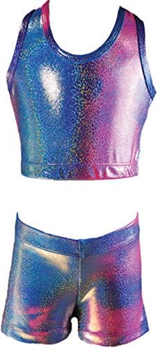 Reflectionz Girls Two Tone Iridescent Tank Top and Shorts Set #SET4977 For Dance, Gymnastics, and Ballet (8, Hot Pink)