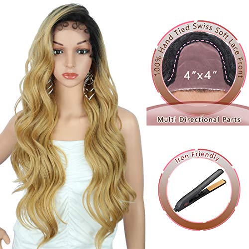 Kalyss Free Parting 4x4" Synthetic Lace Front Wigs with Baby Hairs Heat Resistant Lightweight Natural Looking 130% Density Curly Body Wavy Ombre Blonde Frontal Lace Hair Wigs for Women,28Inches
