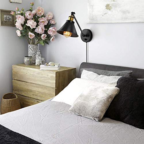 HAITRAL Plug-in Wall Sconces Set Of 2 With Bulbs - Bedroom Wall Lamps With USB & Outlet, Modern Industrial Design - View #3