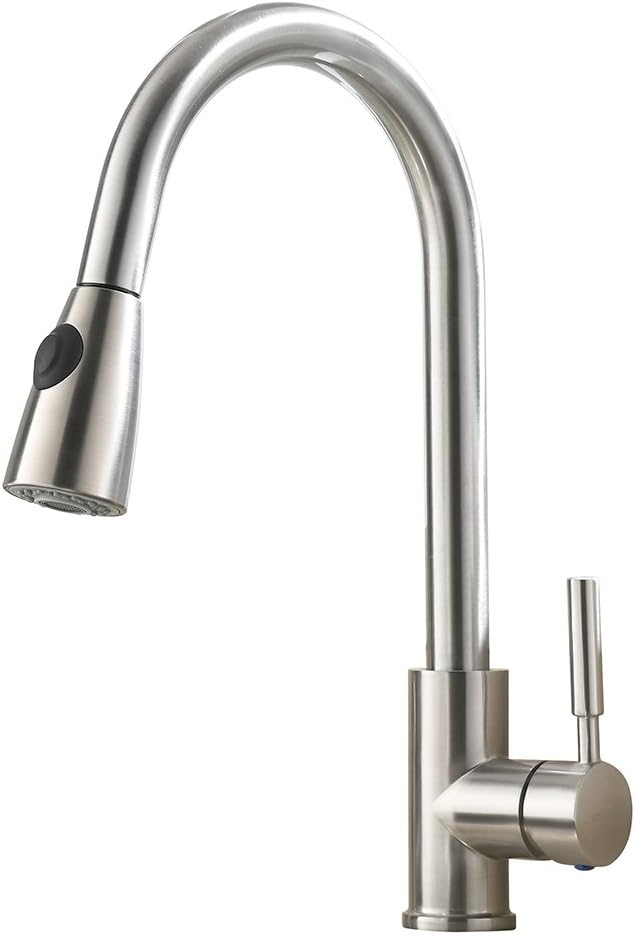 Modern Stainless Steel Single Handle Single Hole Pull Out Spray Kitchen Faucet, Brushed Nickel Pull Down Kitchen Sink Faucets