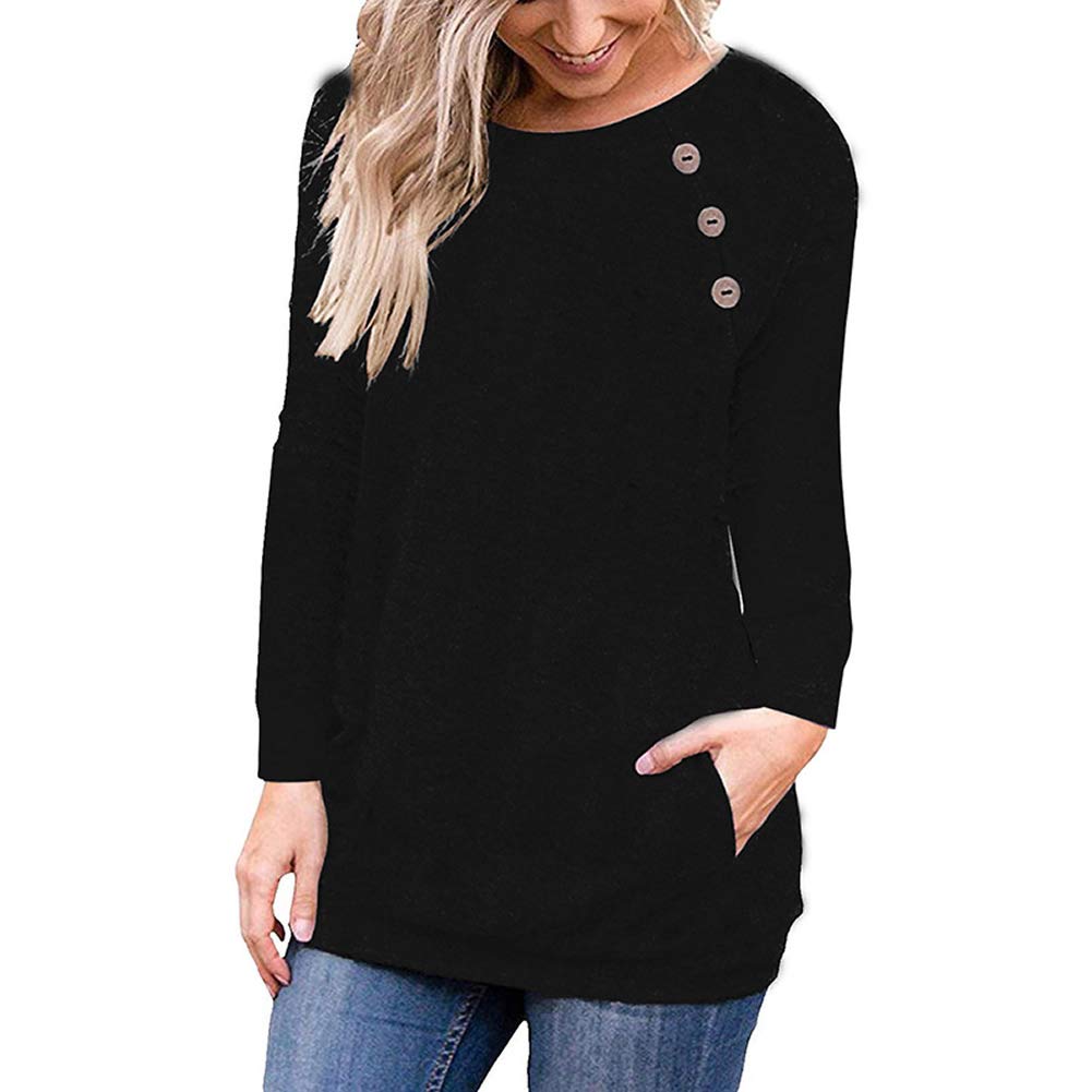 Women\'s Long Sleeve T Shirt Crew Neck Button Casual Blouses Tops with Pocket Black, 3XL