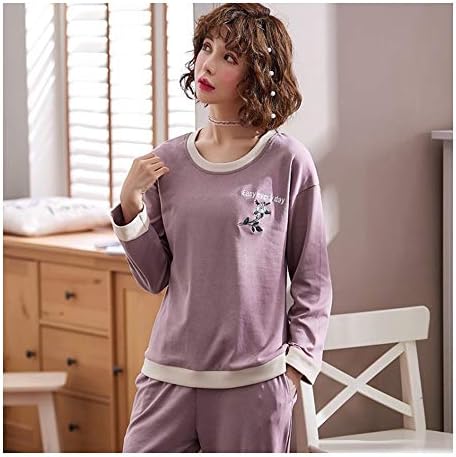 HAOLIEQUAN Cotton Pajama Set Women Spring Autumn Pajamas Long Sleeve Pullover Shirt Top And Long Pants Bottom Nightwear Female Homewear
