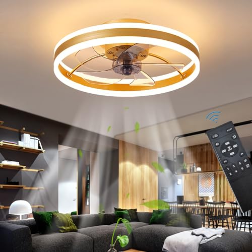 OMGPFR Reversible Ceiling Fan Silent Remote Control 6 Speeds Bedroom Ceiling Fan with Modern Light Living Room 24 W Dimmable LED Ceiling Fan, Gold 50 cm