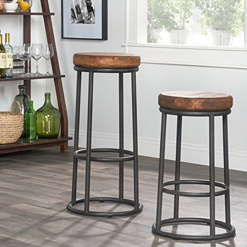 Rustic Reclaimed Pine Wood Vintage Stool with Iron Base Includes Our Exclusive Mousepad (30")