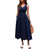 Mieazom Women Summer Sleeveless Casual Dresses Pleated Waist Elegant Midi A-Line Flowy Swing Dress Sundress with Pockets