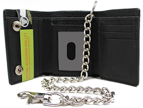 Men's Cow Leather (Snake Texture) 112- Black RFID Signal Blocking Trifold Steel Chain Wallet Biker Motorcycle Trucker's in Gift Box