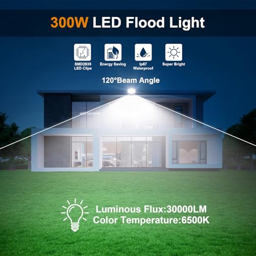 YIQIBRO LED Spotlight 300 W Outdoor 2 Pieces – 30000LM IP67 Waterproof LED Floodlights Outdoor Cool White 7000K for Garden/Terrace/Garage