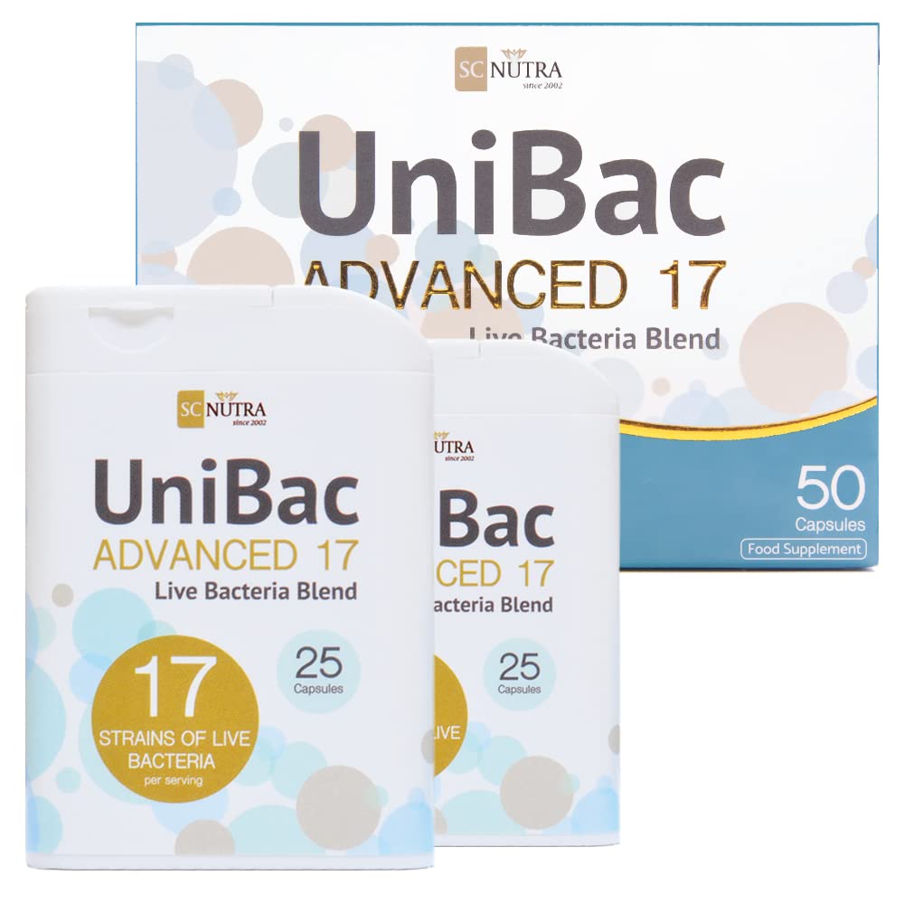 UniBac Advanced 17 – Unified Bacteria – 17 Strain Probiotic Blend – 6 Billion Live Cultures – Lactobacillus & Bifidobacterium Complex – Vegan Capsules (50 Count)