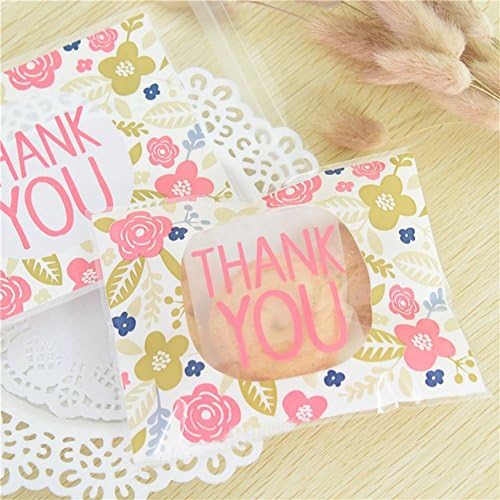 Abbonna THANK YOU Cookie Bags, 100 PCS Thank You Self-adhesive Treat Bags Plastic Bags Pink Flower Cookie Packaging for Bakery Candy Biscuits Party Favor