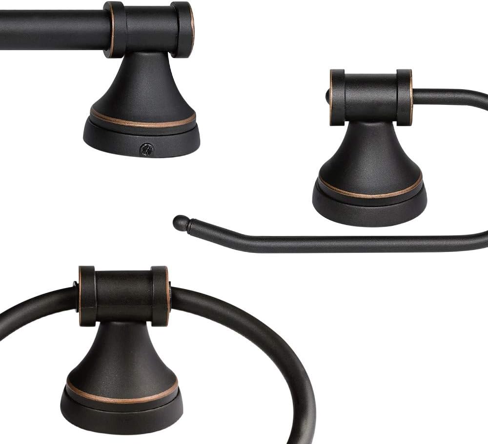 Parker 5-Piece All-in-One Bathroom Set, Oil Rubbed Bronze, 3-Light Vanity Light with Clear Glass Shades, Towel Bar, Towel Ring, Robe Hook, Toilet Paper Holder, 50192 - - 