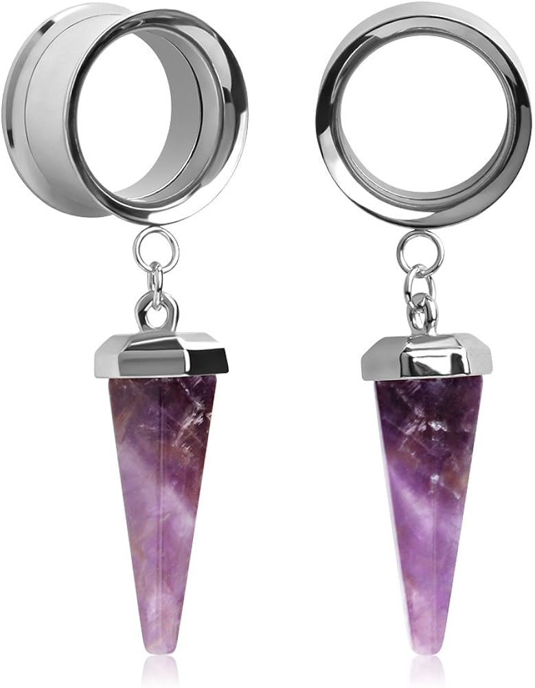 KUBOOZ 1 pair of stainless steel amethyst stone pendant ear plugs tunnels gauges stretch piercings, 316L, Silver