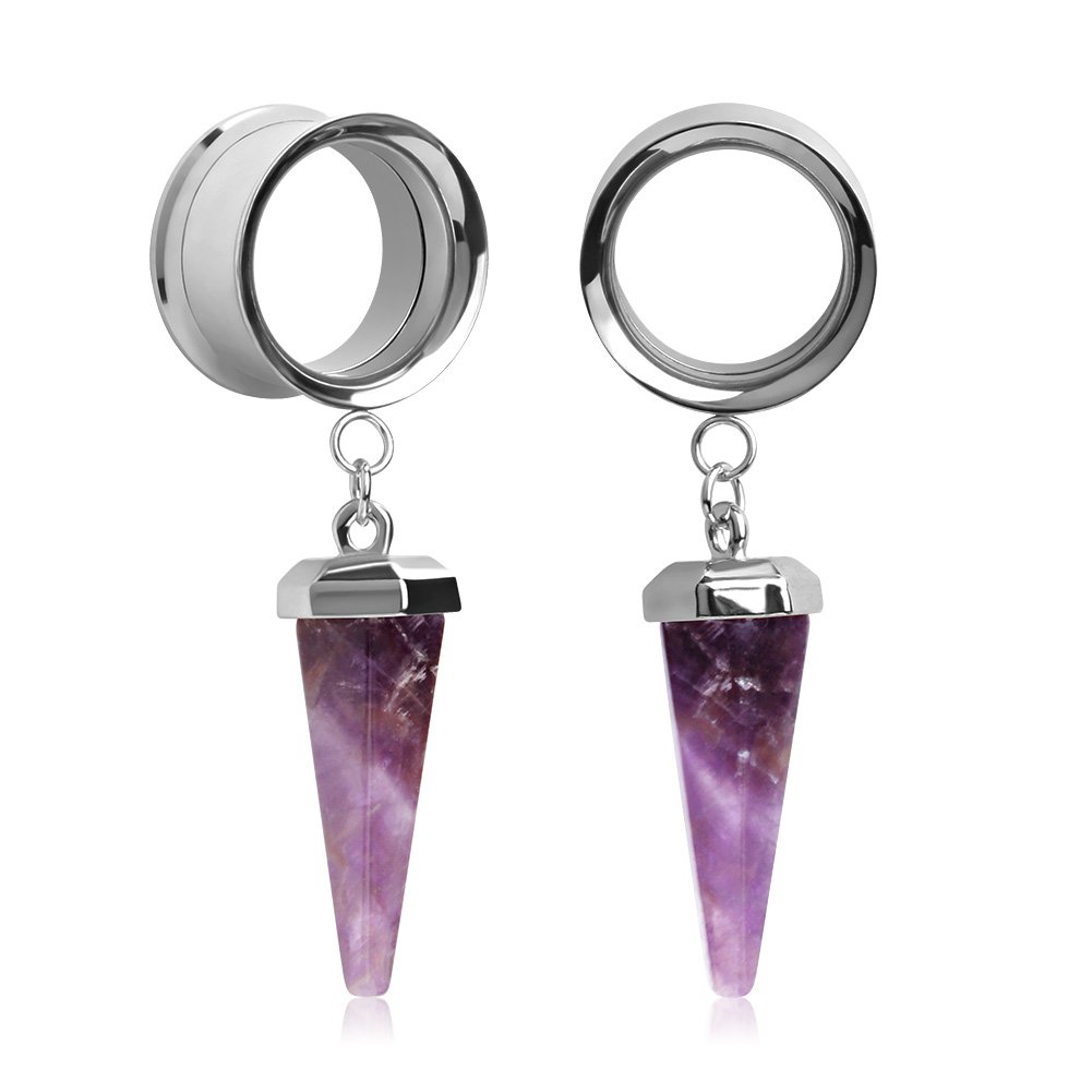 KUBOOZ 1 pair of stainless steel amethyst stone pendant ear plugs tunnels gauges stretch piercings, 316L