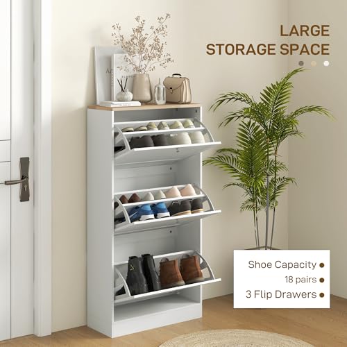 HOMCOM Narrow Shoe Cabinet with 3 Flip Drawers, Adjustable Shelves, White | Shoe Storage Cabinet, Hallway, Entryway, Holds 12-18 Pairs
