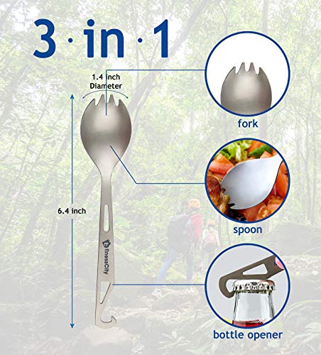 Spork 1 Unit, Titanium Spork (Spoon Fork) With Bottle Opener Extra Strong Ultra Lightweight (Ti), Healthy & Eco-Friendly Spoon, Fork & Bottle Opener for Travel/Camping in Easy to Store Cloth Case