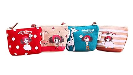 Lumanuby 4 Stück Tasche Klein aus Canvas Geldbeutel Münze Nettes Mädchen mit Tier Bild Multifunktional Coin Pouch für Münzen/