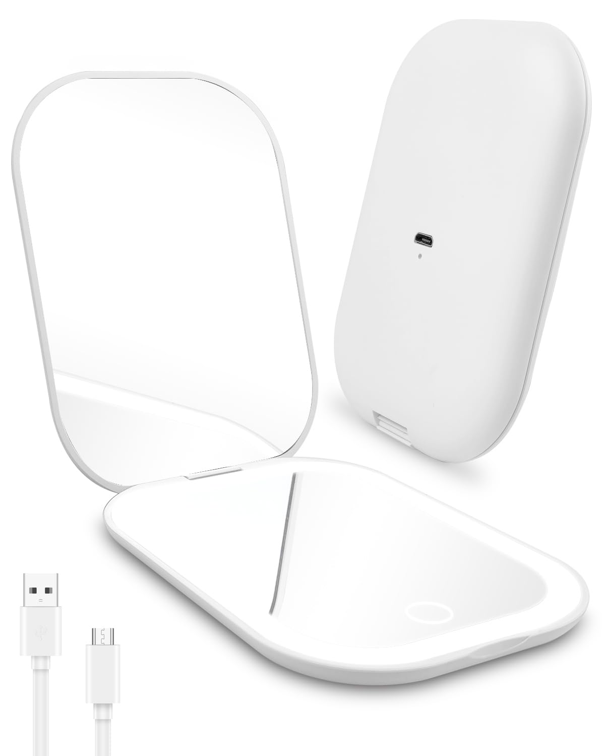 Rantizon Rechargeable Compact Mirror, Portable Led Travel Makeup Mirror Charging Pocket Handbag Mirror 1X/2X Magnification 3 Light Modes for Women Teenage Girls Gift Sets White