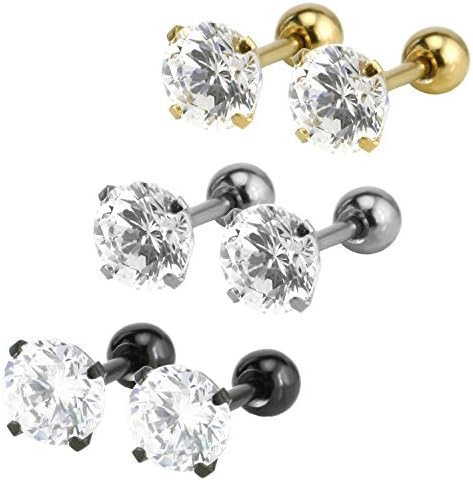 Jwoolw Jewelry 3 Pairs Stainless Steel Cubic Zirconia CZ Pave Crystal Cartilage Helix Tragus Barbell Stud Earrings (5mm x 3 Pairs)