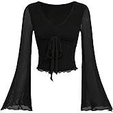 Verdusa Women's Y2k Bell Sleeve V Neck Mesh Going Out Crop Top 2000s Whimsical Clothes