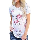 ZXZY Women Bohemian Short Sleeves Round Neck Boho Floral Print Shirts Blouse Top