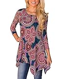 MIROL Womens Casual Fall Floral Print 3/4 Sleeve Tunic Loose Long Blouse Tops (X-Large, Red)