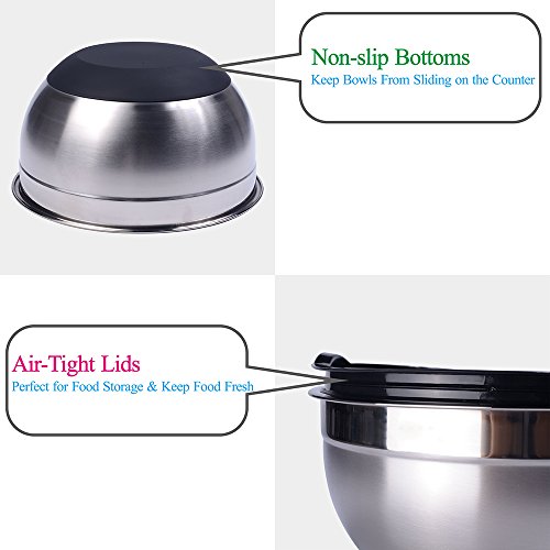 ZESPROKA Set of 5 Stainless Steel Nesting Mixing Bowls with Lids, Measurement Lines and Non-Stick Silicon Bottoms