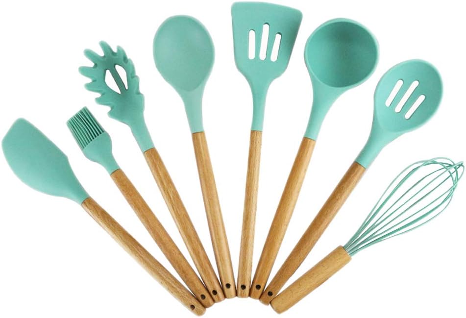 Cooking Utensils Set, Caliamary Hanging Blue Silicone Kitchen Utensil Set with Wooden Handles, Slotted Ladle, Turner, Tongs, Spatula, Spoon, Brush, Whisk, Spaghetti Server for Nonstick Cookware